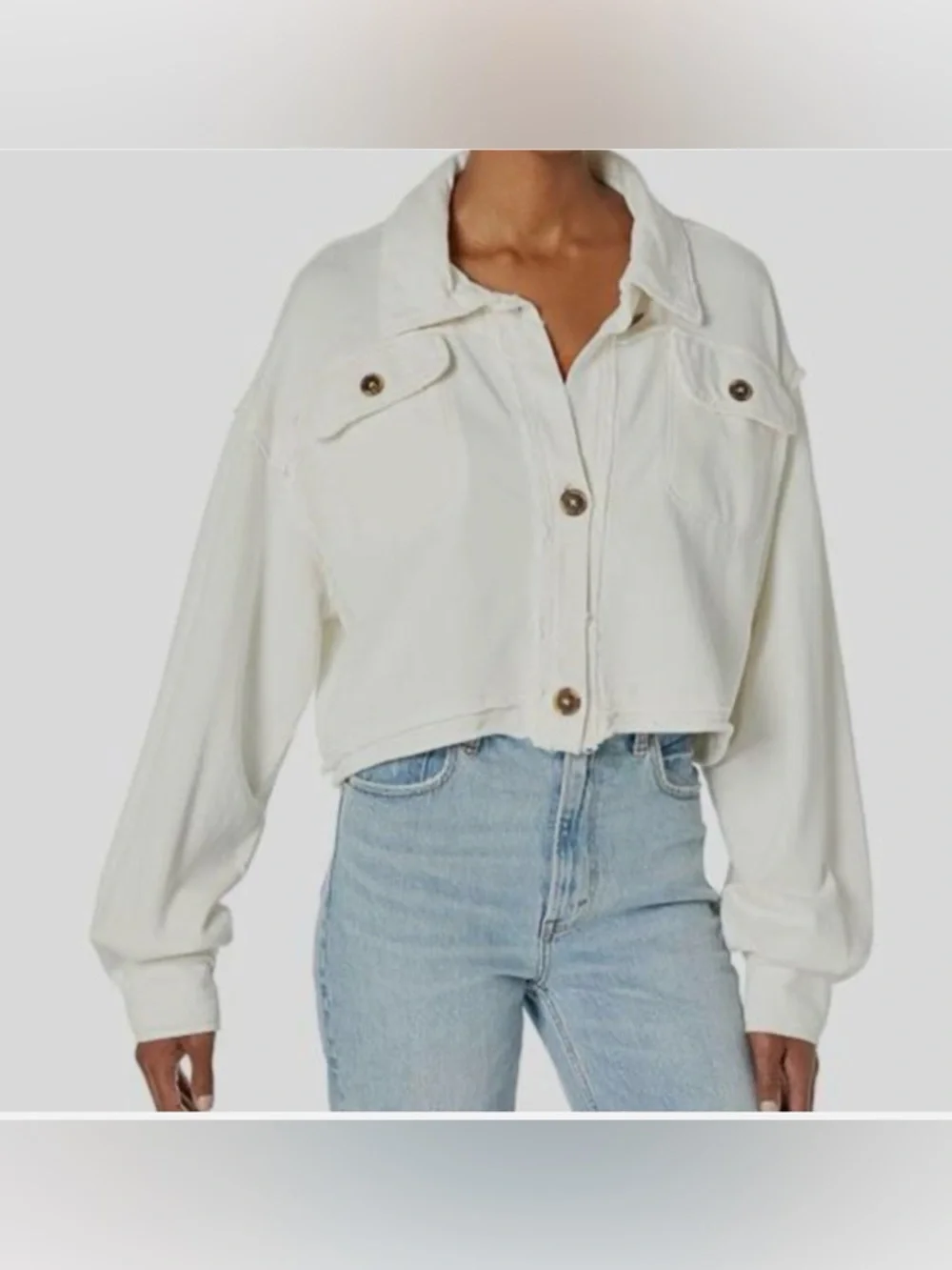 Free People Women's White Collared Long Sleeve Cropped Shirt Jacket‎ Size L